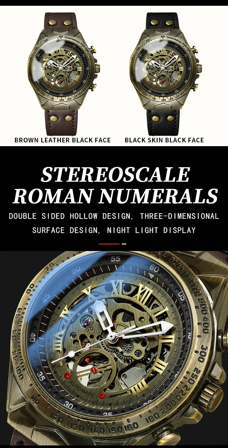 UTHAI Retro Men Watch Business Waterproof Bronze Automatic Mechanical Machine Watch Leather Strap Male Fashion Clock Wristwatch