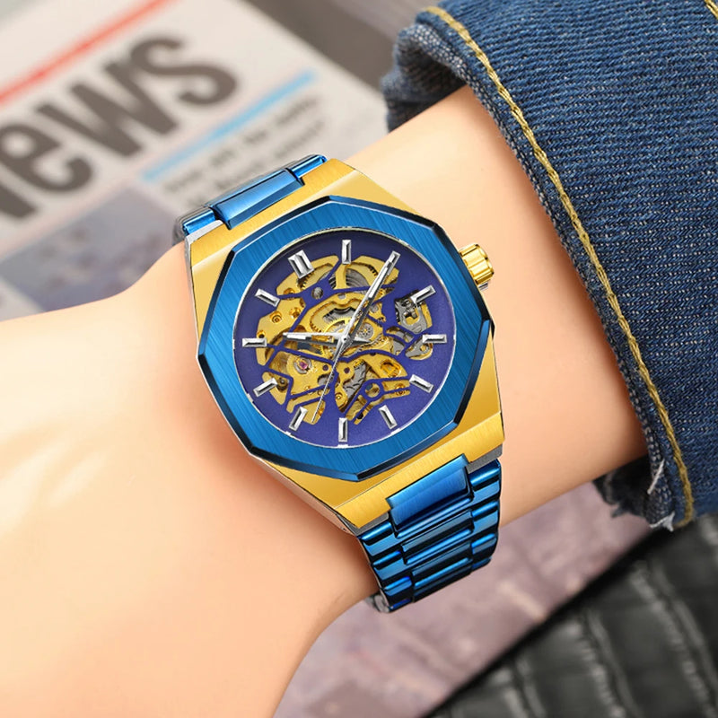 FORSINING Fashion Automatic Mens Watches Top Brand Mechanical Transparent Waterproof Military Stainless Steel Sport Wristwatches