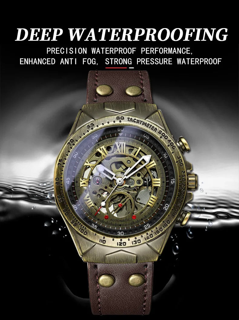UTHAI Retro Men Watch Business Waterproof Bronze Automatic Mechanical Machine Watch Leather Strap Male Fashion Clock Wristwatch