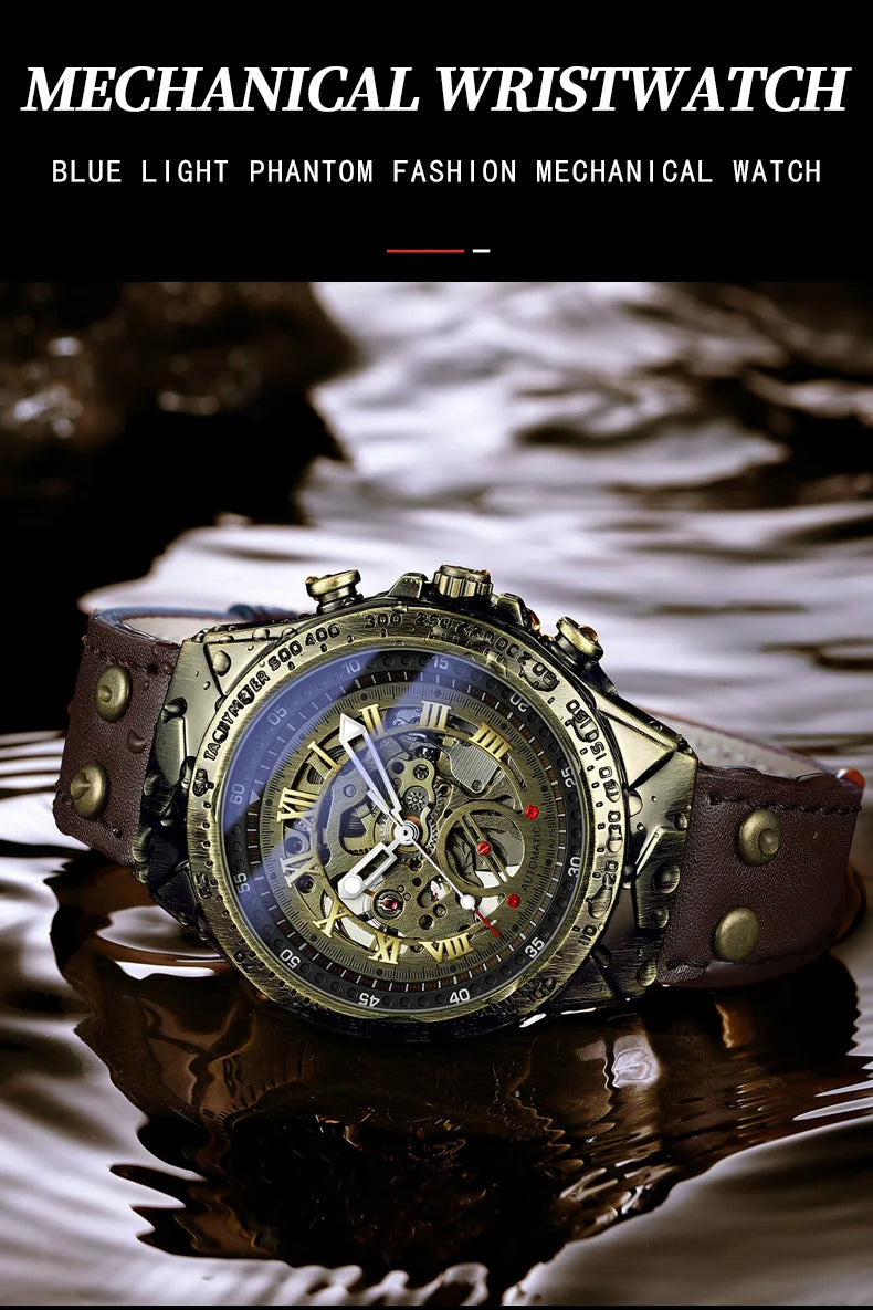 UTHAI Retro Men Watch Business Waterproof Bronze Automatic Mechanical Machine Watch Leather Strap Male Fashion Clock Wristwatch