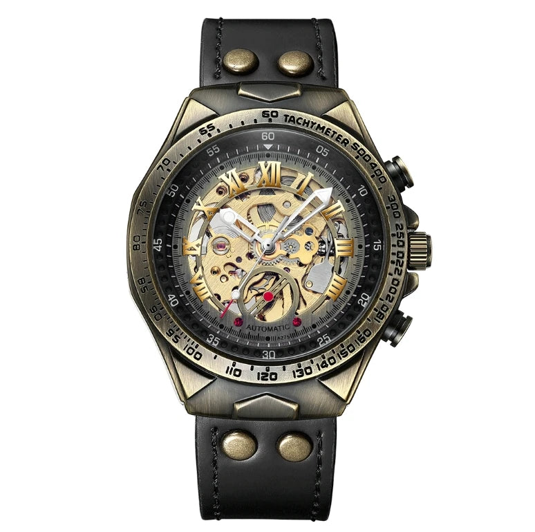 UTHAI Retro Men Watch Business Waterproof Bronze Automatic Mechanical Machine Watch Leather Strap Male Fashion Clock Wristwatch