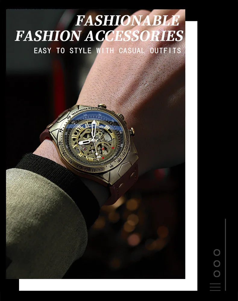 UTHAI Retro Men Watch Business Waterproof Bronze Automatic Mechanical Machine Watch Leather Strap Male Fashion Clock Wristwatch